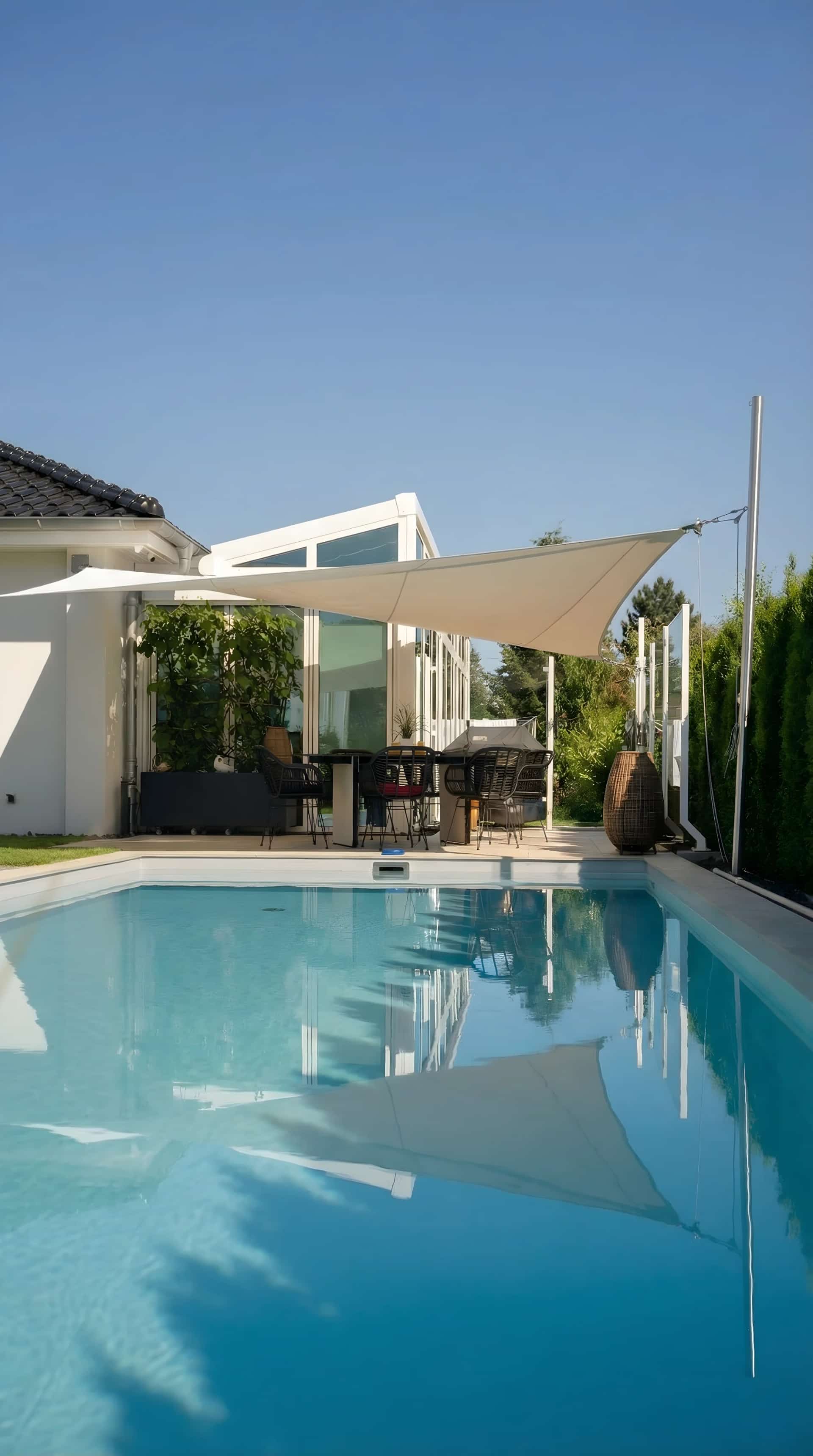 Beigt solsegel med pool i förgrunden vid modernt vitt hus och blå himmel