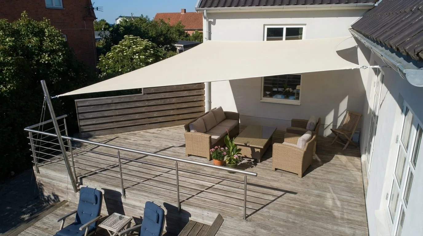 Utsikt uppifrån på beigt solsegel spännt över träaltan med rotting möbelset och solstolar