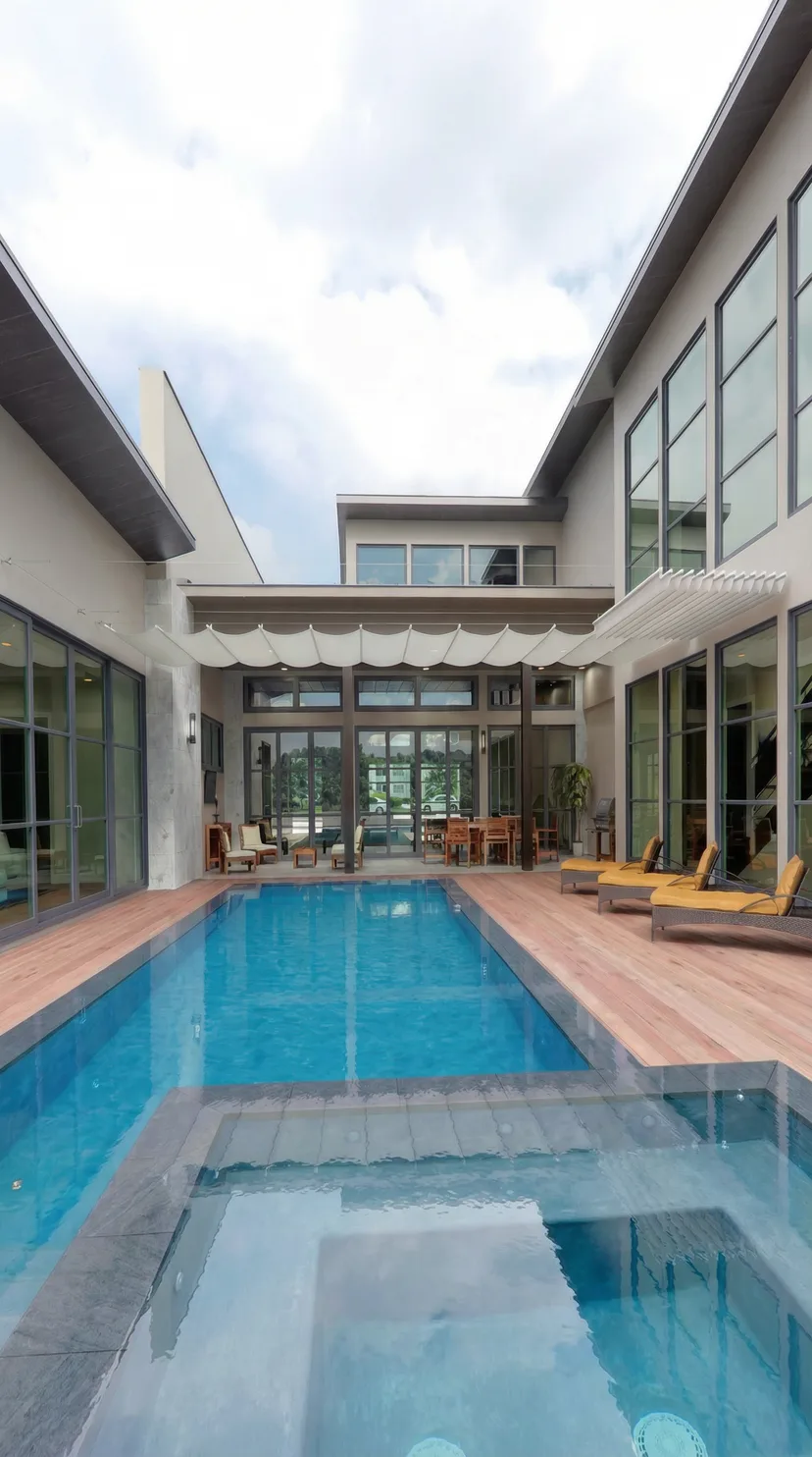 Vajersolskydd med beige markis spännt på stålpergola vid modernt ljust hus med pool