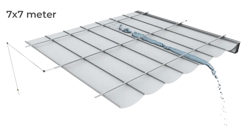 Moderna pergolatak med integrerad pergolamarkis och solsegel design, vitt och grått, med vattenavledningsfunktion.